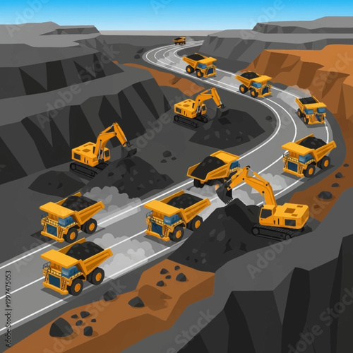 Heavy machinery at work in quarry.