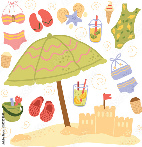 Set of summer beach elements including beach umbrella, sandcastle, swimsuits, flip flops, bucket and shovel, cocktails with lemon, ice cream, seashells and starfish. 
