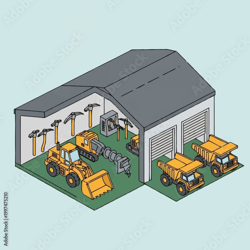Isometric illustration of a warehouse with heavy machinery and equipment.