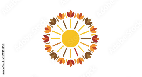 Autumn Sun Symbol With Leaves.