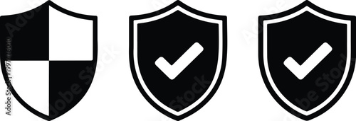 Set of black and white shield icons with check marks representing data security privacy protection legal safety and verified trust