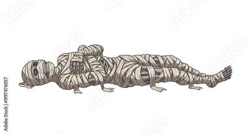 Mummy wrapped in linen bandages lies horizontally on a white background.