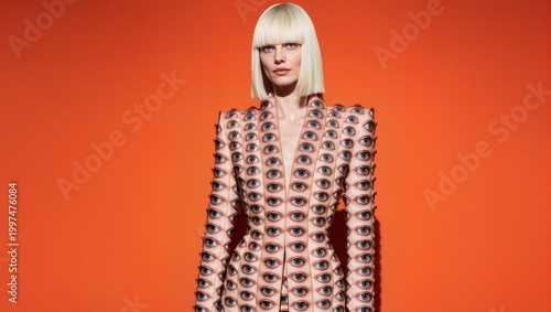 Surreal Fashion Portrait of a Woman Wearing a Suit with a Repeating Human Eye Pattern