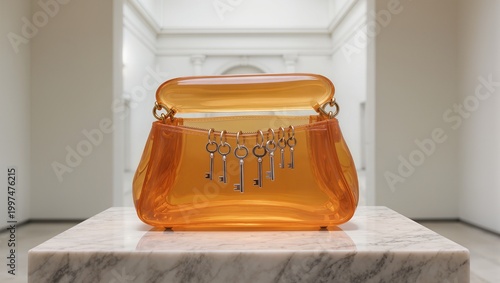 Artistic Concept of an Amber Transparent Handbag Filled with Hanging Silver Keys
