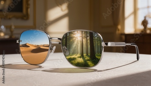 Close-up of Sunglasses Reflecting a Sunny Forest and a Sandy Desert Landscape