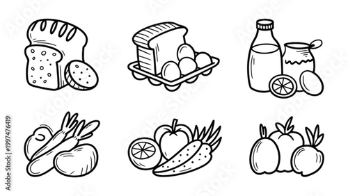 Flat illustration of six different vegetables and fruits in a simple line art style Vector