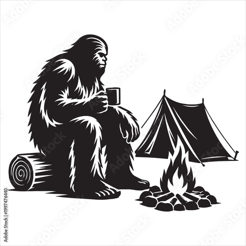 Bigfoot Camping by Campfire with Tent - Sasquatch Vector Illustration