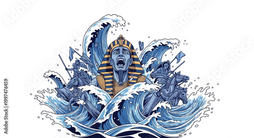 Pharaoh screaming in stormy blue waves surrounded by ancient horse.
