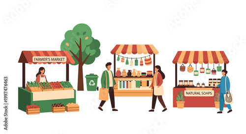 Outdoor Local Market Stalls Illustration: Farmers Produce, Handcrafted Goods & Natural Soaps. Shoppers Buying Sustainable Products