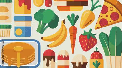 Colorful flat design icons of healthy food and groceries in a playful style Vector