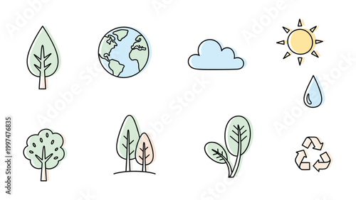 Eco-Icons: A collection of simple, stylized icons symbolizing environmental elements. The image showcases the core components of nature and the eco-friendly cycle.