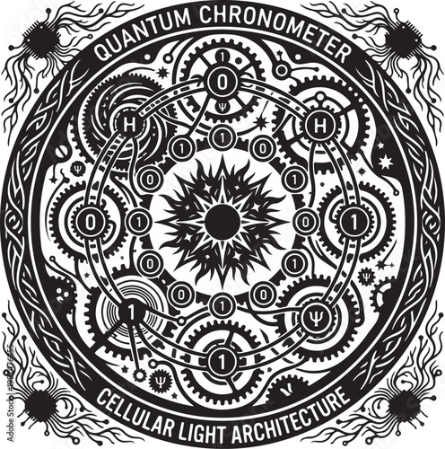 Intricate quantum computer mechanism silhouette with qubit symbols and entanglement patterns