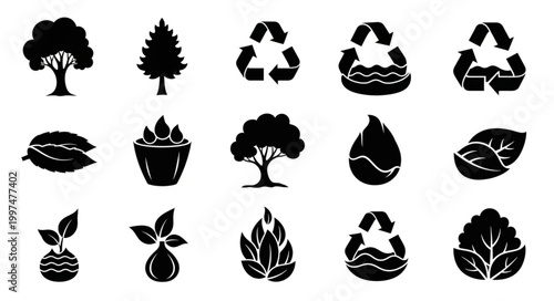 Black icons of various eco friendly symbols.
