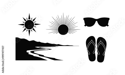 Sun sunglasses flip flops beach landscape vector silhouette illustration, summer vacation line art.