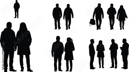 People silhouettes collection walking, standing, and talking in groups, isolated on white background, social interaction, urban lifestyle, communication concept
