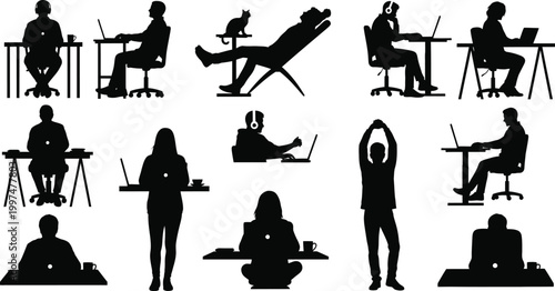 People working in various sitting and standing positions isolated on white background, Vector