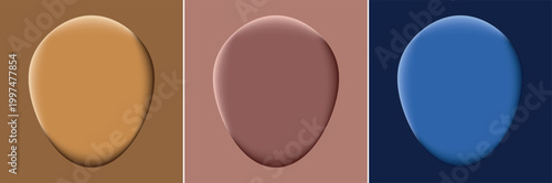 A set of three organic amoeba-like shapes featuring soft drop shadows rendered on warm brown muted clay and deep navy blue backgrounds. These shapes provide a modern tactile feel for contemporary.