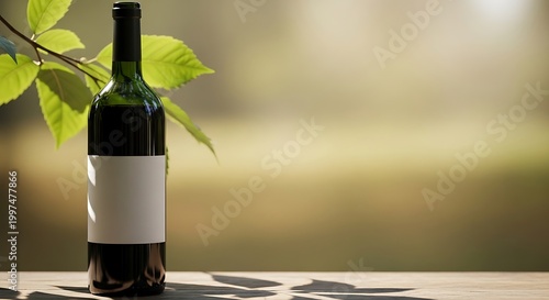 Dark green glass wine bottle with blank white label on wooden table outside sunlit bokeh background.