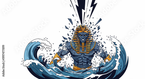 Pharaoh figure appears from turbulent ocean waves with powerful energy.