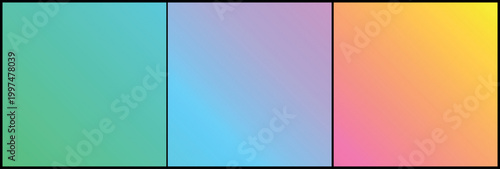 A set of three square backgrounds featuring smooth vibrant color transitions. The gradients range from teal to green blue to purple and yellow to pink offering a modern aesthetic for digital displays.