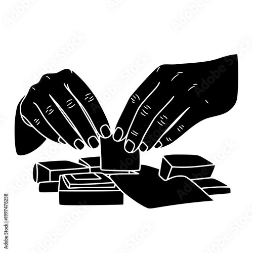 Silhouette illustration of hands arranging small rectangular blocks or tiles