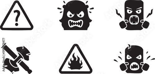 Black silhouette icons depicting warning anger danger and threat