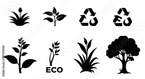 Eco friendly plants and recycling symbols.