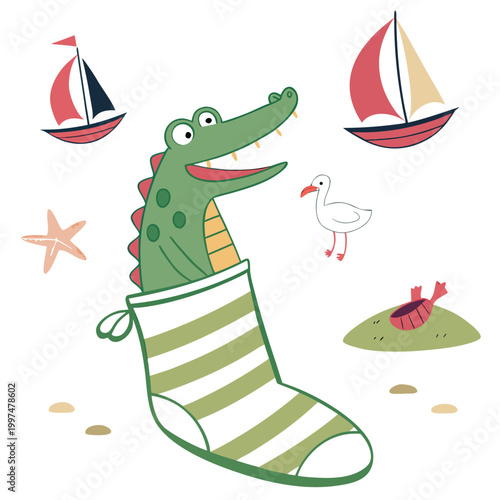 Charming SVG of a Funny Alligator featuring snuggled in a sock, styled in a Beach day theme with Ocean Breeze hues