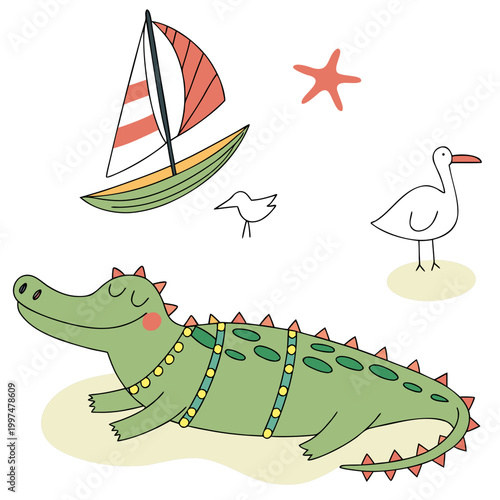 Sleepy expression on a Alligator in a Beach day theme, with wrapped in fairy lights – Ocean Breeze vector art