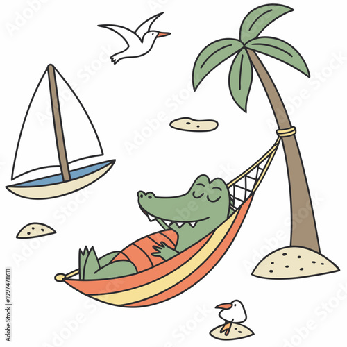 Creative SVG: Sleepy Alligator with in a hammock in a Ocean Breeze colored Beach day theme