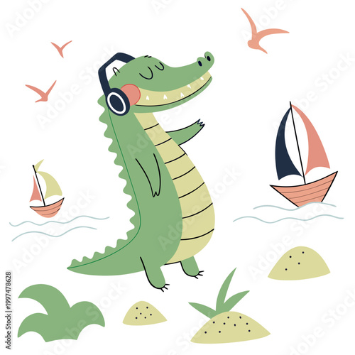 Vector illustration of a Cheerful Alligator with wearing headphones, styled in a Beach day theme using Ocean Breeze colors