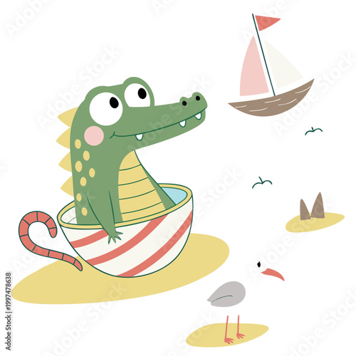 An adorable Alligator with a Surprised vibe, in a teacup, and a Ocean Breeze Beach day theme – SVG style