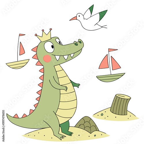 Delightful Cheerful Alligator in a Beach day scene with with a tiny crown – Ocean Breeze vector illustration