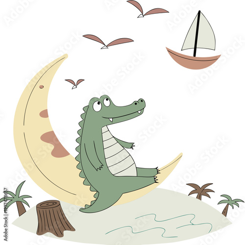 Ocean Breeze themed SVG: Funny Alligator with sitting on a moon in a Beach day environment