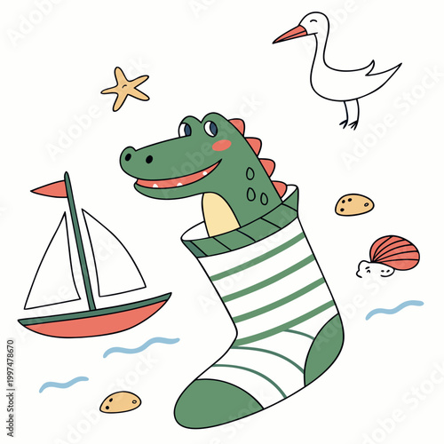 Loving expression on a Alligator in a Beach day theme, with snuggled in a sock – Ocean Breeze vector art