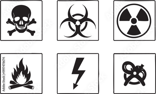 Collection of hazardous material warning signs skull biohazard radiation fire electricity