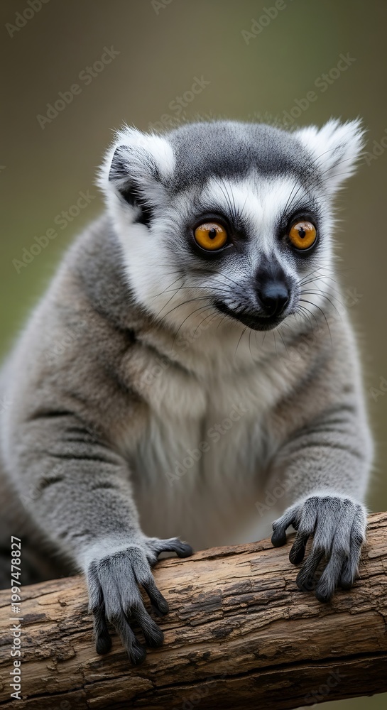 Fototapeta premium Close-up portrait of a Ring-tailed Lemur with bright orange eyes on a branch