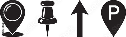 Black and white icon set map pin thumbtack arrow and letter 'p'