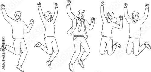 Group of diverse happy business professionals jumping in celebration, representing success, achievement, teamwork, and positive corporate culture.