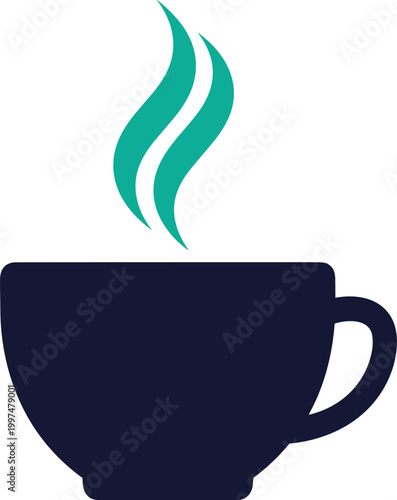 Minimalist graphic of a steaming teacup or coffee cup with two plumes of vapor rising from its dark surface.