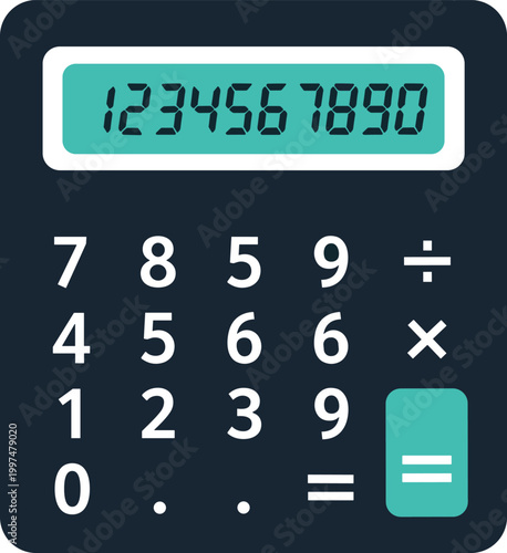 Modern calculator with digital display and numeric keypad for calculations and financial tasks on transparent background.