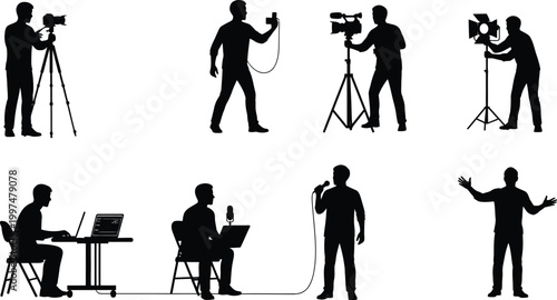 Videographer and video crew working on production isolated on white background, Vector