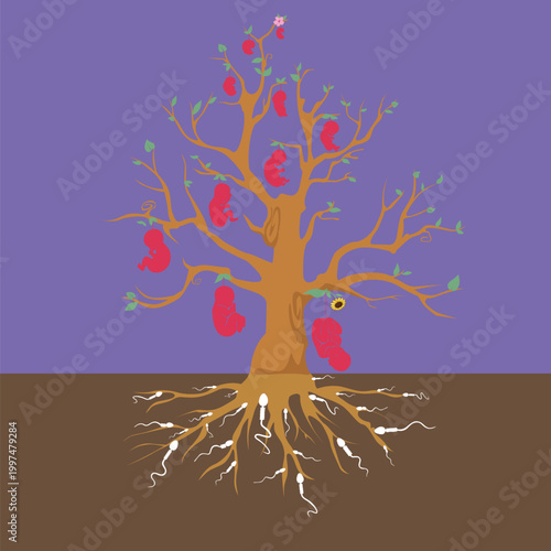 Symbolic tree of life, flowers that represent the beginning of life.