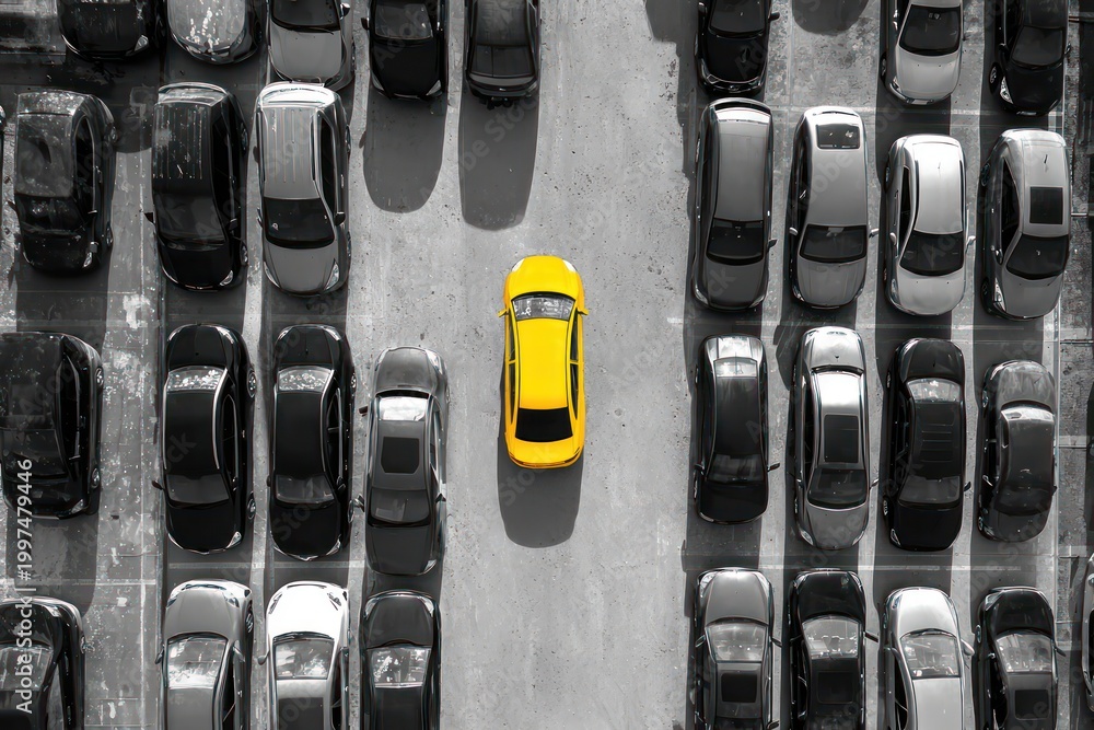 Fototapeta premium Bright yellow vehicle in city parking