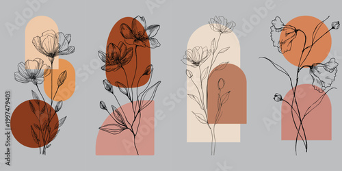 Bohemian abstract composition with arches and dried flowers in earth tones dried flower earth tone color palette organic shape wall art home decor interior design mid century.