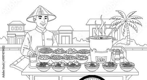 Stippled line art of Asian man with conical hat and food pot