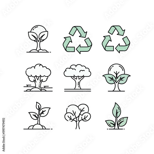 Eco friendly icons outline nature plants recycling symbols
