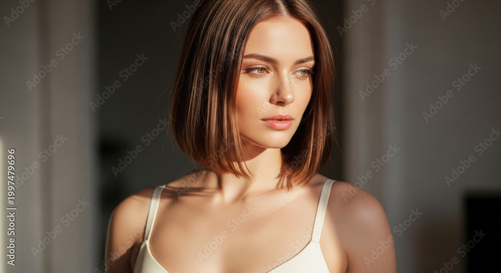 Fototapeta premium Pensive young woman with short brunette hair gazing thoughtfully in soft sunlight, conveying beauty, confidence, and subtle melancholy.
