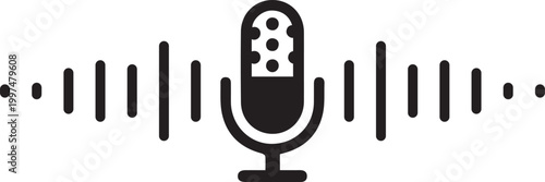 Black and white microphone icon with sound waves representing audio recording and broadcasting concepts