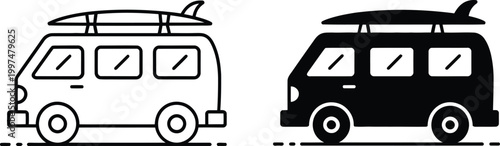 Surfing bus vector icon set collection, surfing bus outline flat icon, vector illustration for travel adventure, beach transport and summer tourism design elements.